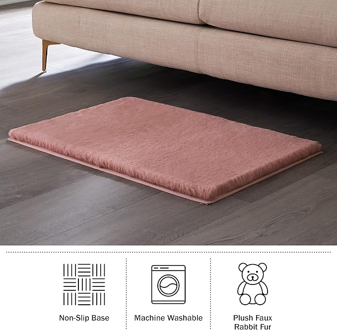 Home-Complete Faux Fur Bath Mat – 21x34-Inch Nonslip Jacquard Faux Fur Washable Rug for Bathroom or Kitchen, Mauve