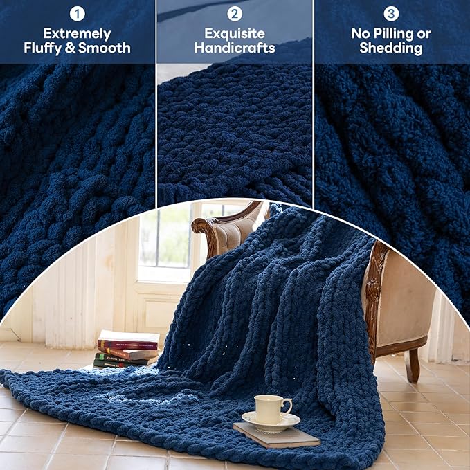 Chunky Knit Blanket - Luxury Soft Cozy 40 * 50 Throw Blanket,100% Woven Blanket Rope Knot Throw Blanket for Couch, Sofa, Home Decor, Gift - Machine Washable (Deep Blue, 40 * 50)