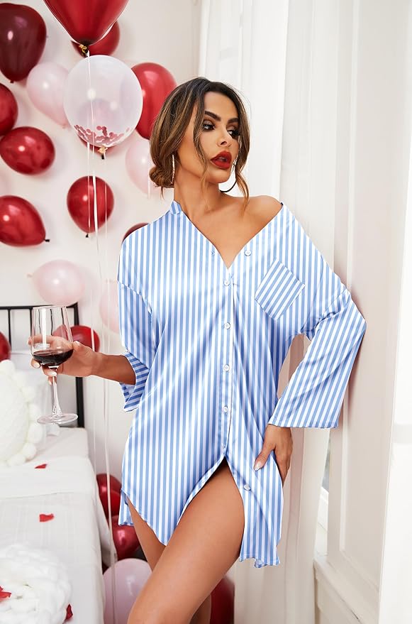 Ekouaer Satin Nightgowns for Women Silk Sleepwear Button Down Sleepshirt 3/4 Sleeve V-Neck Nightshirts with Pockets