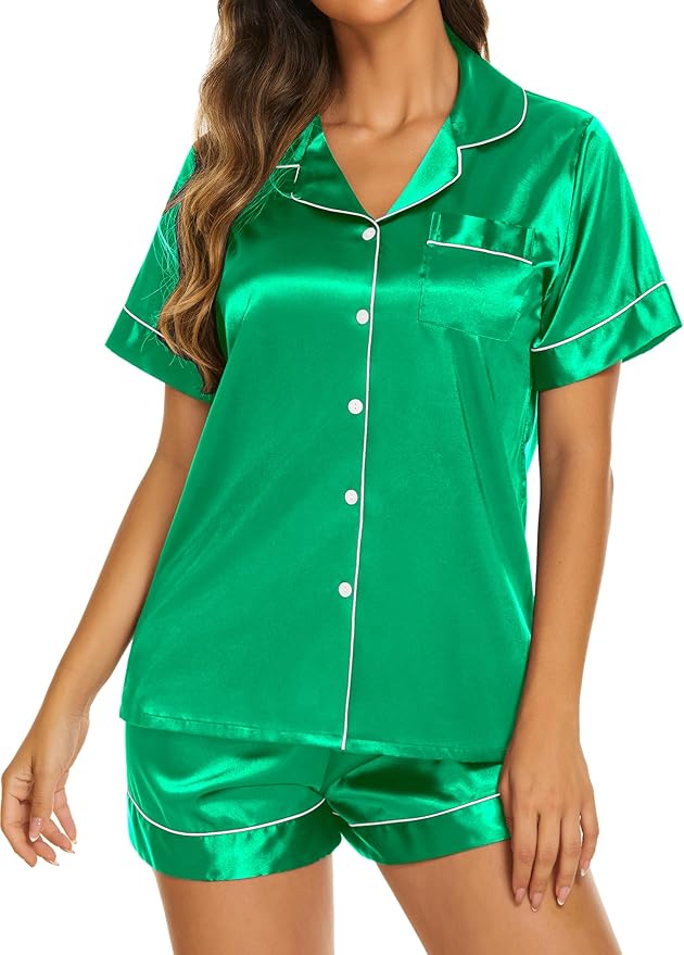 Ekouaer Silk Pajamas for Women Short Sleeve Sleepwear Soft Button Down Loungewear 2 Piece Satin Pjs Shorts Set