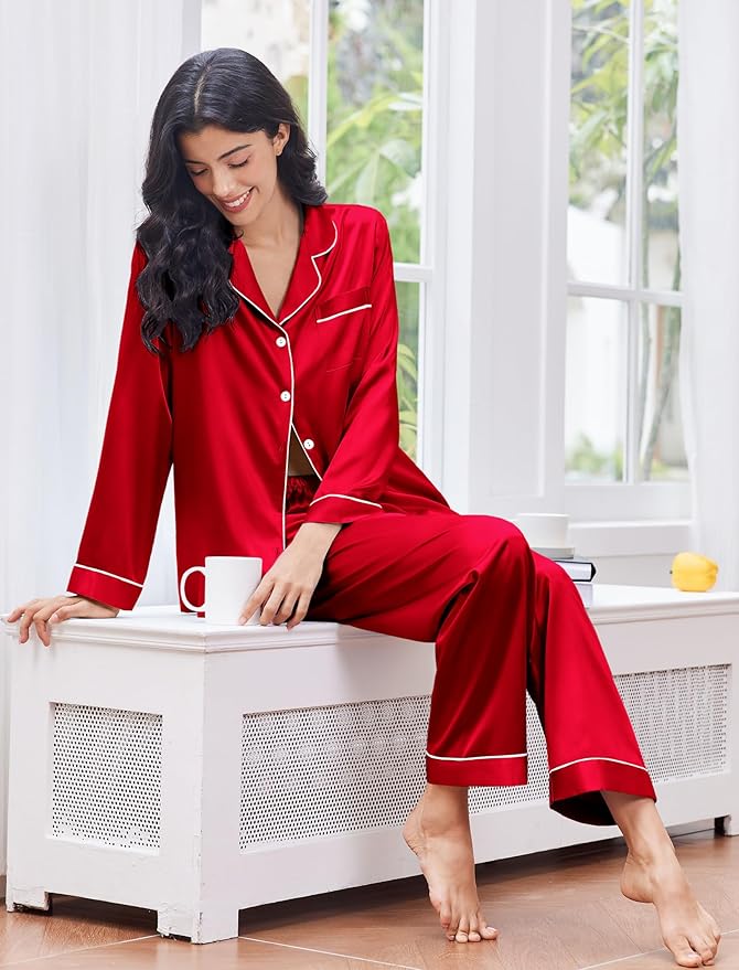 Ekouaer Women's Classic Button Down Long Satin Silk Pajama Set