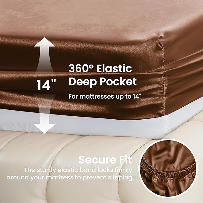 Love's cabin 4Piece California King Satin Bed Linen Set, Brown Silky Satin Sheets, Deep Pocket, Luxury Silk Feel, 1 Flat, 1 Fitted Sheet, 2 Pillow Cases