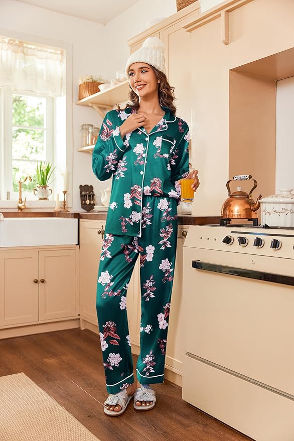 Ekouaer Women's Classic Button Down Long Satin Silk Pajama Set