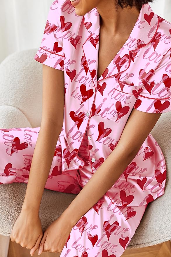 Ekouaer Silk Satin Pajamas Set Women Short Sleeve Sleepwear Soft Button Down Loungewear Pjs Set