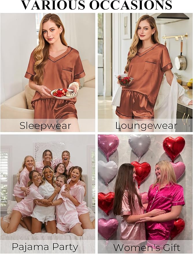 Silk Pajamas for Women Short Sleeve Satin 2 Piece Pj Set Soft V Neck Sleepwear Loungewear, S-XXL
