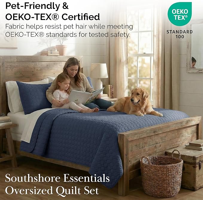 Southshore Fine Living, Inc. Oversized Bedding Quilt, Lightweight Bedding, Twin XL Bedspread, Soft Coverlet 2-Piece Set with One Matching Quilted Pillow Sham, All Season Twin/XL Quilt Set, Navy Blue