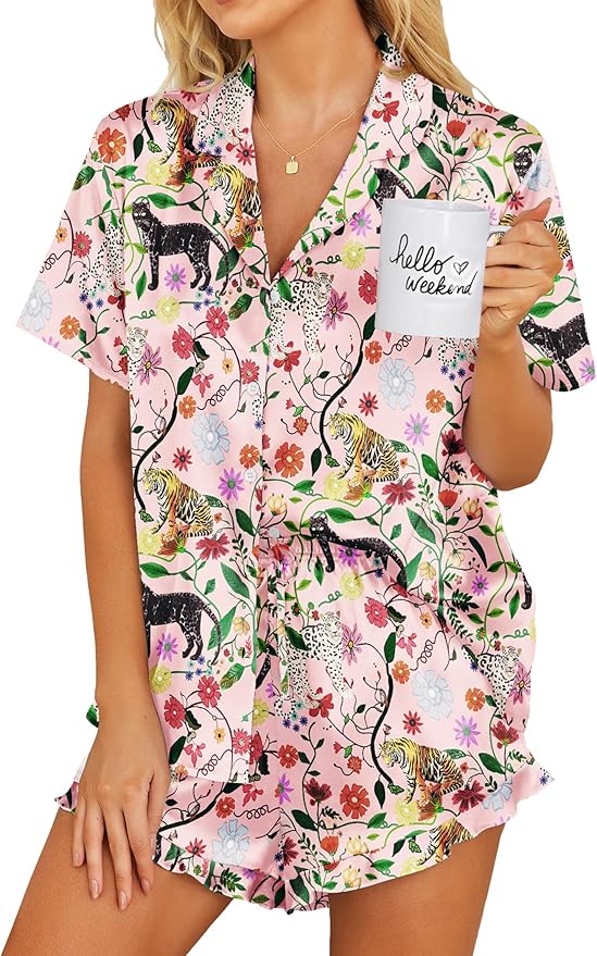Ekouaer Womens Satin Pajamas Set Button Down 2 Piece Silk Pjs Shorts Set Ruffle Lingerie Notch Collar Sleepwear