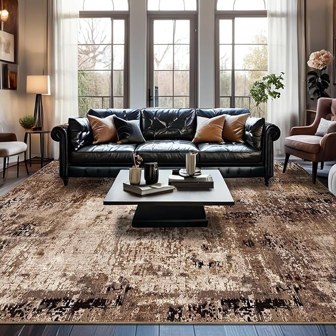 Area Rug 5x7 Washable Rugs Modern Abstract Area Rug Soft Non-Slip Non-Shedding Faux Wool Stain Resistant Floor Carpets for Living Room Bedroom Dining Room Kids Room Home Office (Brown)