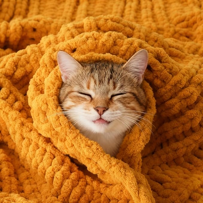 Battilo Mustard Yellow Throw Blanket for Couch, Chunky Knit Throw Blanket, 50"x60", Gold Fall Throw, Super Soft Cozy Warm Chenille Knit Blankets for Bed, Sofa, Living Room