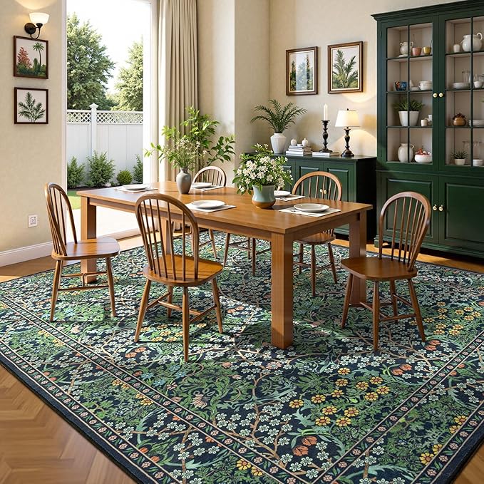 Lessymo Floral Washable Rug 9x12, Living Room Area Rugs Non Slip Boho Low Plie Large Carpet for Bedroom Dining Room Home Office, Vintage Flower Decor Distressed Retro Indoor, Forest Green