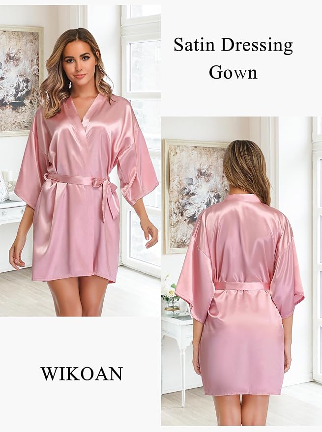 Women's Short Satin Robe Silky Bathrobes Bridal Bridesmaid Kimono Robe V-Neck Sleepwear S-XXL