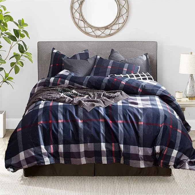 Luxlovery Navy Plaid Comforter Set Queen Navy Blue Buffalo Bedding Set Full Grid Checkered Blanket Quilts Soft Breathable Tartan Dark Blue Comforter Set with 2 Pillowcases