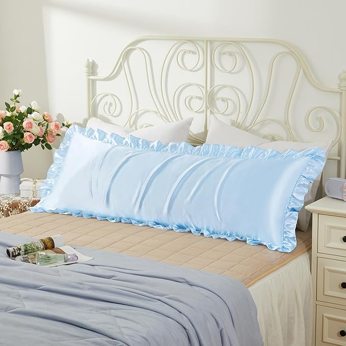 Light Blue Satin Pillowcases Body Pillow for Hair and Skin,Light Blue Body Pillow Silk Pillowcase with Envelope Closure Princess Room Decoration