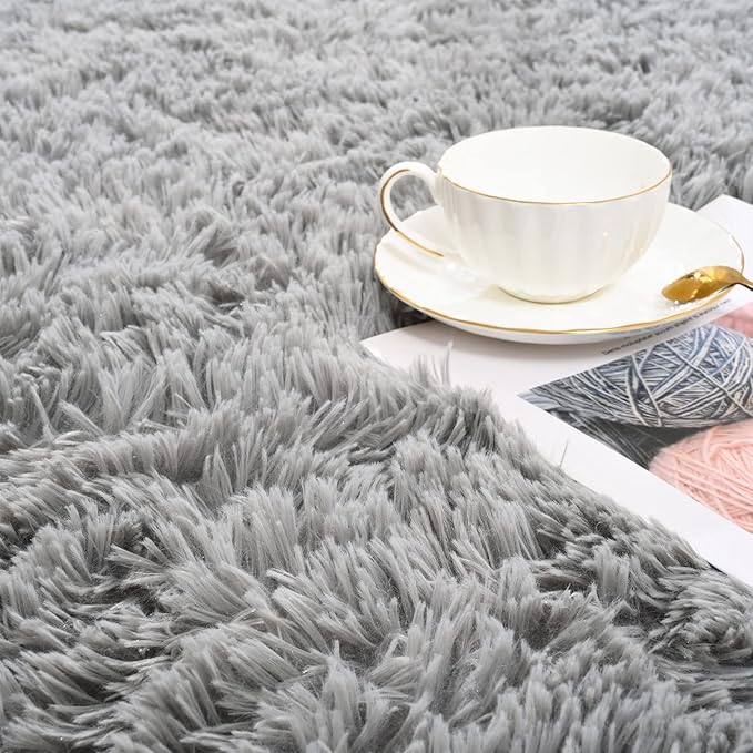 ISEAU Fluffy Dorm, College, Apartment, Bedroom Rug, 4 x 6 Feet Shaggy Area Rugs Floor Mat for Living Room Fuzzy Carpet Comfy Nursery Mats Bedside Kids Boys Room Home Decor, Grey