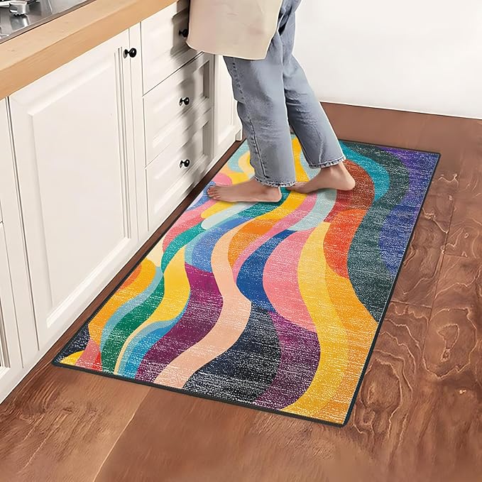 Area Rug 2x3 ft Rug Washable Boho Rugs Non Slip Low Pile Floral Small Carpet for Bedroom, Bedside, Kids Room, Office, Dining Room (Rainbow Pattern, 2x3 ft)