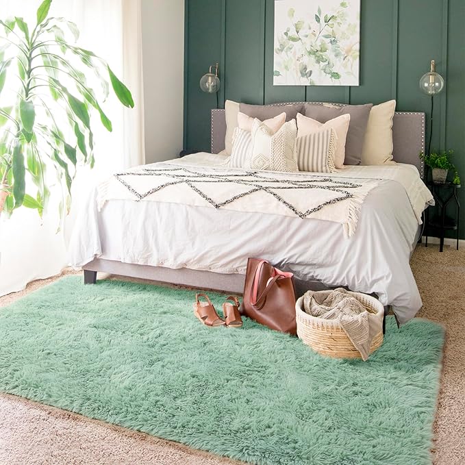 Sage Green Rugs for Bedroom Living Room Aesthetic, Fluffy Furry Area Rug 5x8 for Nursery, Classroom, Teen Boys, Baby Kids Room Decor, Cute Shaggy Carpet for Playroom Dorm, Fuzzy Plush Light Mint Rug