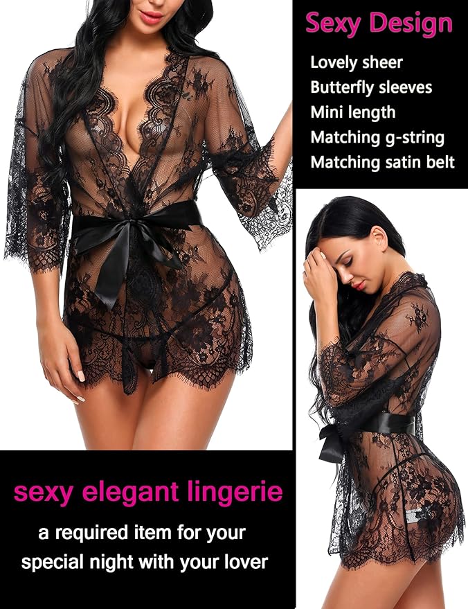 Avidlove Women's Lace Kimono Robe Babydoll Lingerie Mesh Nightgown S-5XL