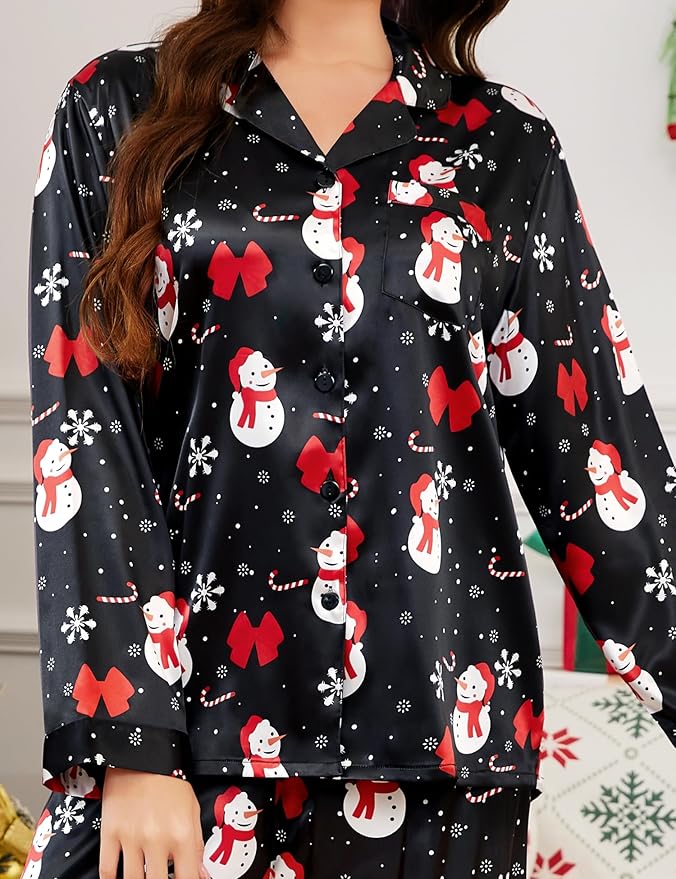SWOMOG Long Sleeve Pajamas Set Silk Satin Sleepwear Button Down Pjs Loungewear with Pocket