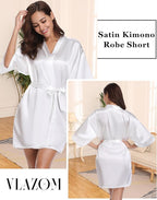 Vlazom Womens Kimono Robes Dressing Gown Satin Bathrobe Nightdress Short Style Bridal Robe