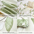 ALEISSEL Pale Moss Green Botanical Cotton Comforter Queen Size - 3PC Lightweight Bedding Sets with Ultra-Soft Alternative Fill, Floral Design with Leaf & White Magnolias (1 Comforter, 2 Pillowshams)