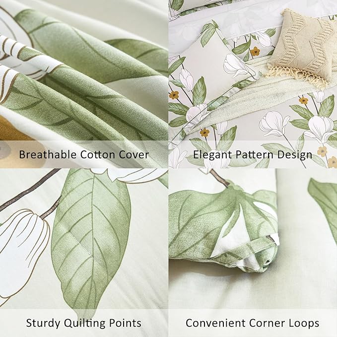 ALEISSEL Pale Moss Green Botanical Cotton Comforter King Size - 3PC Lightweight Bedding Sets with Ultra-Soft Alternative Fill, Floral Design with Leaf & White Magnolias (1 Comforter, 2 Pillowshams)