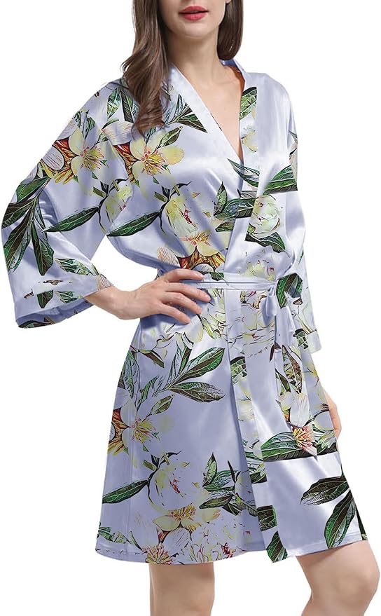 WJing Yi Jia Womens Satin Kimono Robe Silky Robes Floral Bathrobe Bride Bridesmaid Wedding Bridal Dressing Gown Loungewear
