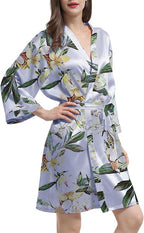 WJing Yi Jia Womens Satin Kimono Robe Silky Robes Floral Bathrobe Bride Bridesmaid Wedding Bridal Dressing Gown Loungewear