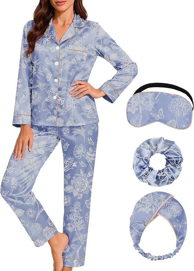 DOLOS Silk Satin Pajama Set for Women Short/Long Sleeve 2-Piece Silky Pajamas for Women Button Down Pjs Sleepwear Loungewear