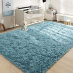 YJ.GWL Area Rugs for Living Room Bedroom, 8x10 Machine Washable Large Teal Carpet, Soft Fluffy Shaggy Thick Big Shag Indoor Floor Rug for Kids Boy and Girls Room Dorm Home Decor Aesthetic
