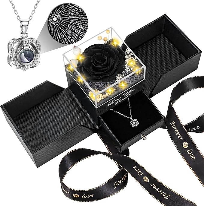 Lebana Preserved Black Real Rose with Heart I Love You Necklace -Mothers Day Gifts for Mom Her Wife Girlfriend Grandma on Valentines Mothers Day Christmas Birthday Anniversary Romantic-Black