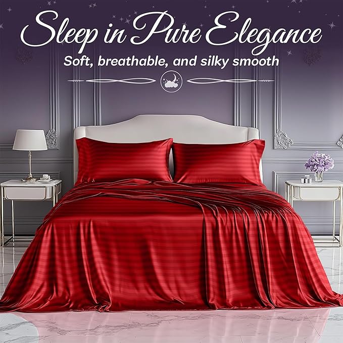 SLEEP SANCTUARY Satin Sheets Twin Size – 3 Piece Luxury Silky Bed Set, Softer Than Silk, 15" Deep Pocket, Cooling & Wrinkle-Free, Moisture-Wicking & Breathable for Hair & Skin (Striped Red)