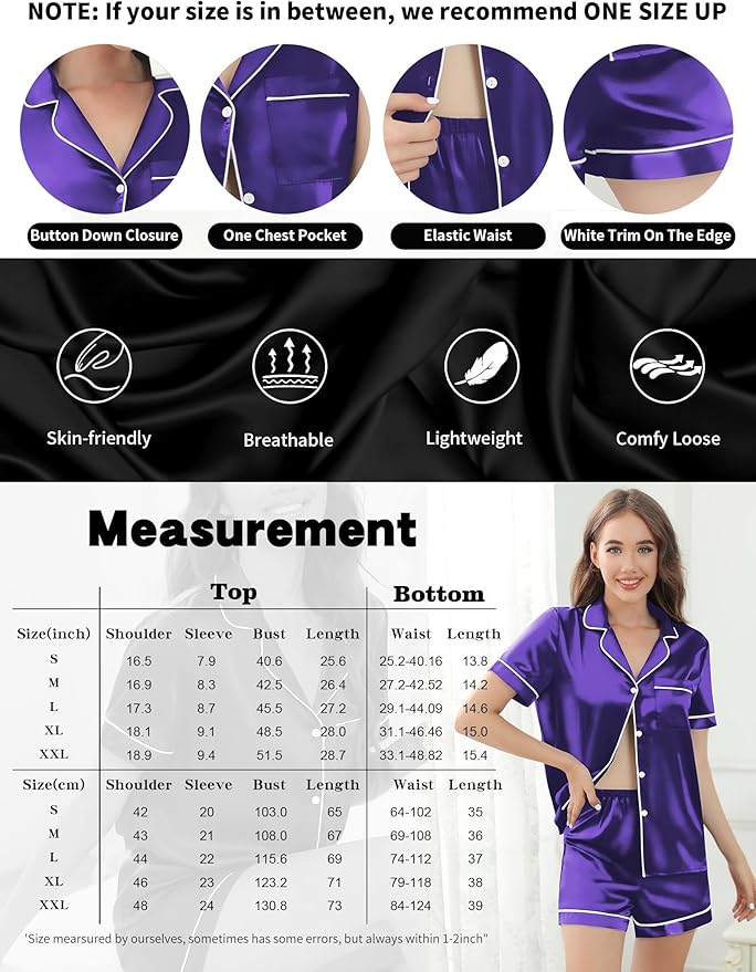 Silk Pajamas for Women Satin Womens PJ Set 2 Piece Short Lounge Set Summer Sleepwear Notch Collar Button-Down Pjs