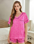 Silk Pajamas for Women Short Sleeve Satin 2 Piece Pj Set Soft V Neck Sleepwear Loungewear, S-XXL