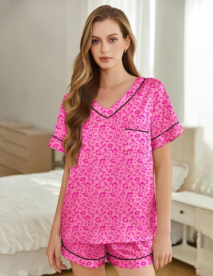 Silk Pajamas for Women Short Sleeve Satin 2 Piece Pj Set Soft V Neck Sleepwear Loungewear, S-XXL