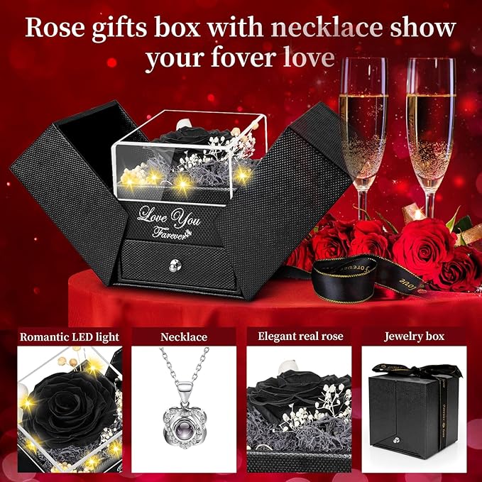 Lebana Preserved Black Real Rose with Heart I Love You Necklace -Mothers Day Gifts for Mom Her Wife Girlfriend Grandma on Valentines Mothers Day Christmas Birthday Anniversary Romantic-Black