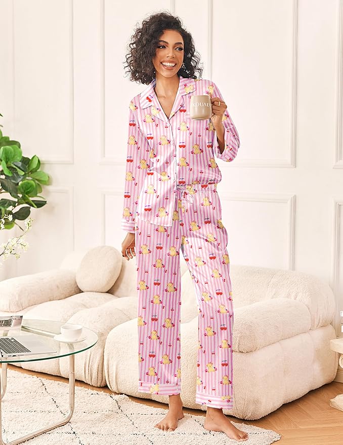Ekouaer Womens Silk Satin Pajama Sets 2 Piece Sleepwear Pjs Set Long Sleeve Button Down Top and Pants Stripe Loungewear S-XXL