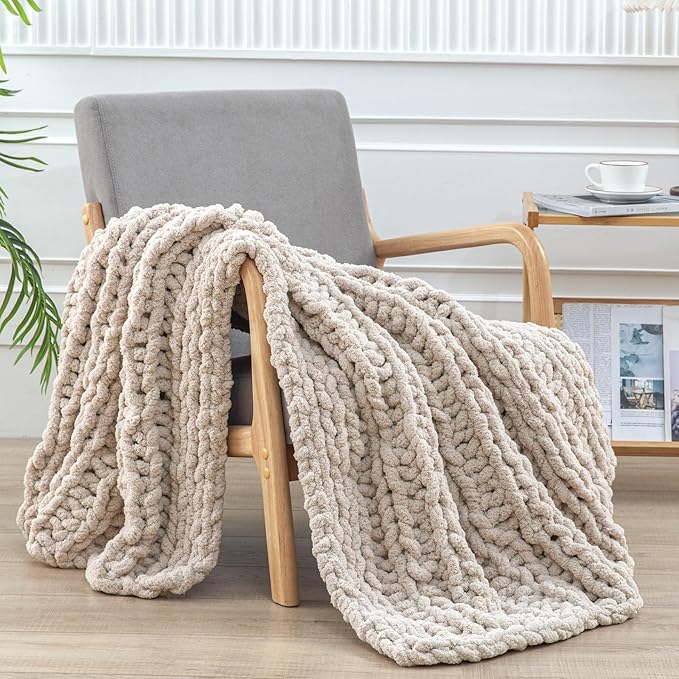 WESHIONGOO Chunky Knit Blanket Throw 40"×60" Knitted Throw Blankets for Couch Bed Fluffy Soft Blanket with Jumbo Chenille Yarn Thick 100% Handmade (Linen, Medium Size Throw)