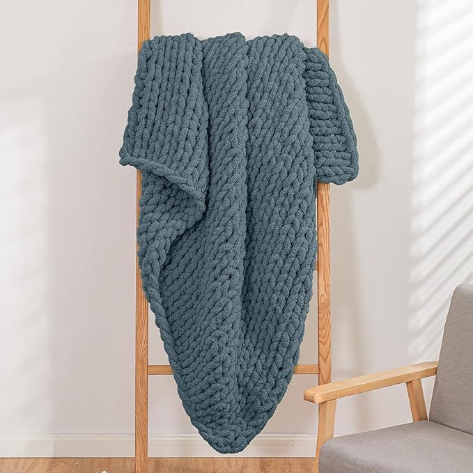 YAAPSU Chunky Knit Throw Blanket for Couch, 51"x63", 100% Hand Knitted Thick Cable Knit with Cozy Jumbo Chenille Yarn, Soft Large Rope Knot Crochet Blankets for Sofa Bed Living Room Décor, BlueSpruce
