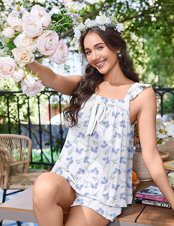 Ekouaer Women's Pajamas Sets 2 Piece Bow Bridal Pajama Cute Tank Top and Shorts Pjs Soft Ruffle Sleepwear XS-2XL