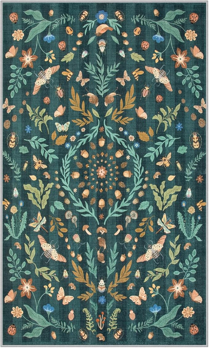 Lahome Chloe Insect Botanical 3x5 Washable Kitchen Rugs for Entryway, Soft Green Bedroom Rug, Boho Floral Non Slip Indoor Throw Carpet for Bathroom Laundry Living Room(Dark Green,3x5)