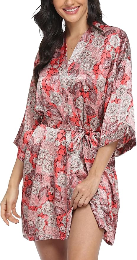 Women's Floral Satin Robes Bride Bridesmaid Getting Ready Robe Short Silky Kimono Sleepwear for Wedding Party