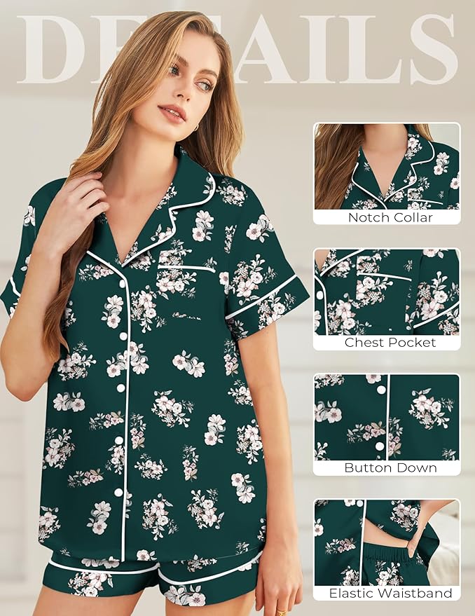 Silk Pajamas for Women Short Sleeve Sleepwear Soft Button Down Loungewear 2 Piece Satin Pjs Shorts Set S-XXL