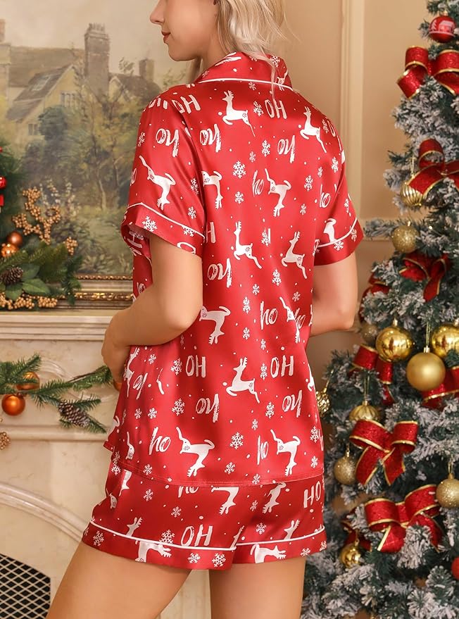 Samring Women's Silk Satin Pajamas Set Short Sleeve Sleepwear Two Piece Button Down Pj Set with Pockets S-XXL