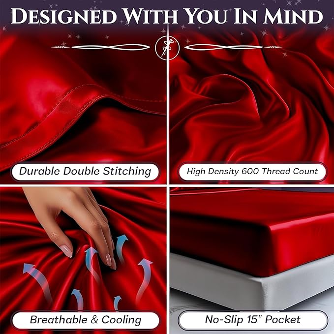 SLEEP SANCTUARY Satin Sheets Twin Size – 3 Piece Luxury Silky Bed Set, Softer Than Silk, 15" Deep Pocket, Cooling & Wrinkle-Free, Moisture-Wicking & Breathable for Hair & Skin (Red)