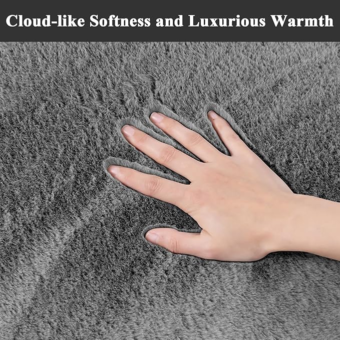 SHACOS Silky Soft Faux Rabbit Fur Area Rug 5'x7' Non Slip Washable Padded Throw Rugs Fluffy Cozy Indoor Modern Carpet for Living Room Bedroom Dining Room Kids Room Dorm Home Decor, Grey