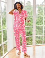 Ekouaer Silk Satin Pajamas Set Women Short Sleeve Sleepwear Soft Button Down Loungewear Pjs Set