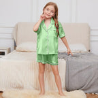 QPANCY Kids Satin Pajamas Sets Baby Boy Girl Button-Down Silk Sleepwear 2 Piece Short Sleeve Loungewear Clothes Set