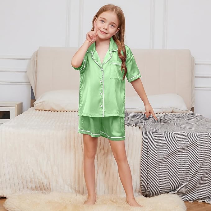 QPANCY Kids Satin Pajamas Sets Baby Boy Girl Button-Down Silk Sleepwear 2 Piece Short Sleeve Loungewear Clothes Set