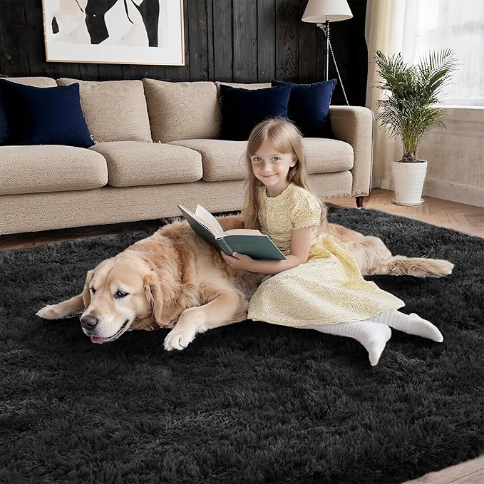 Ultra Soft Shag 8x10 Black Area Rug – 8x10 Rugs for Living Room, Non-Slip, Fluffy Plush Large Carpet, Shaggy Furry Rug for Bedroom, Dorm, Kids and Girls Room, Nursery, Home Office Décor