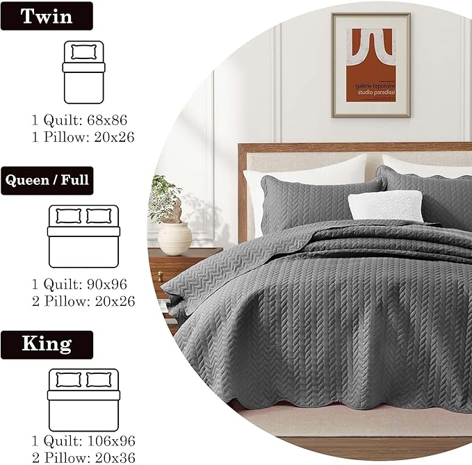 IR Imperial Rooms Twin Quilt Bedding Set Size (68” x 86”) + 1 Pillow Shams (20” x 26” + 2”) - 2 Pcs All Season Lightweight Reversible Microfiber Coverlet Embossed Quilt Bedspread (Grey)